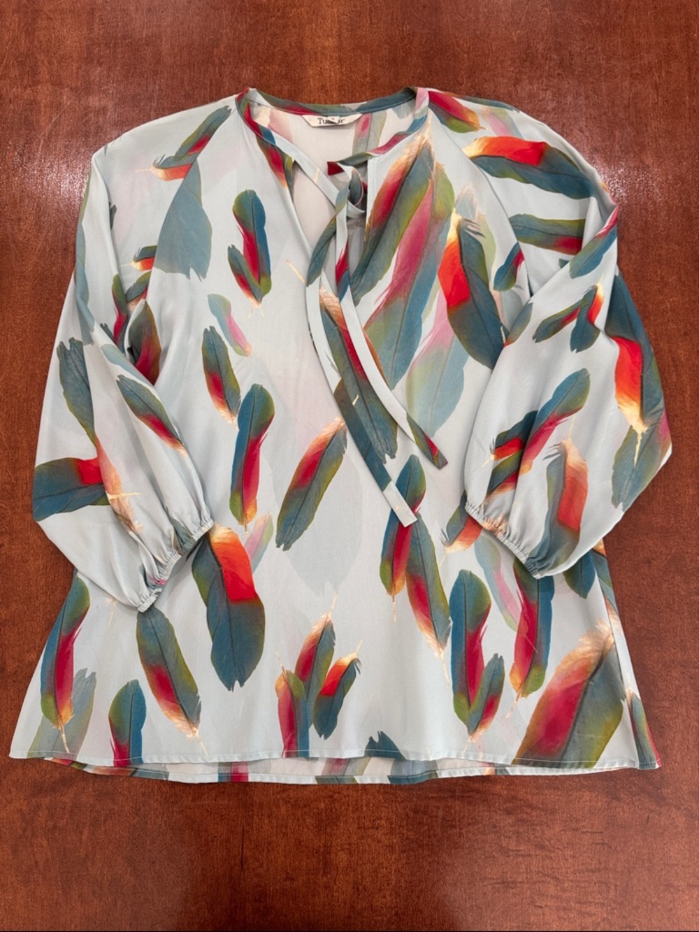 Tucker Silk Multi-Color Feather Print Tie-Neck Blouse